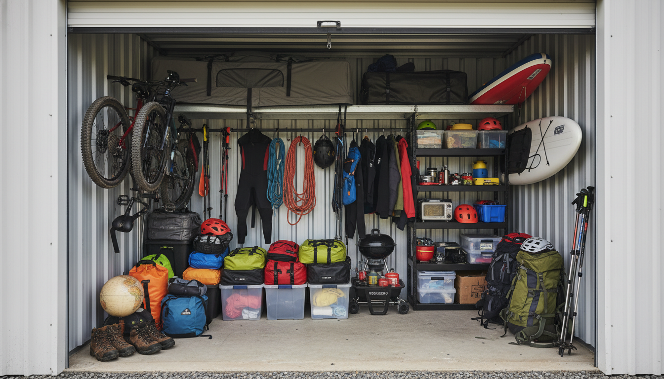 An organized self storage unit filled with hobby and outdoor gear including bikes, a paddleboard, backpacks, and labeled bins on shelving